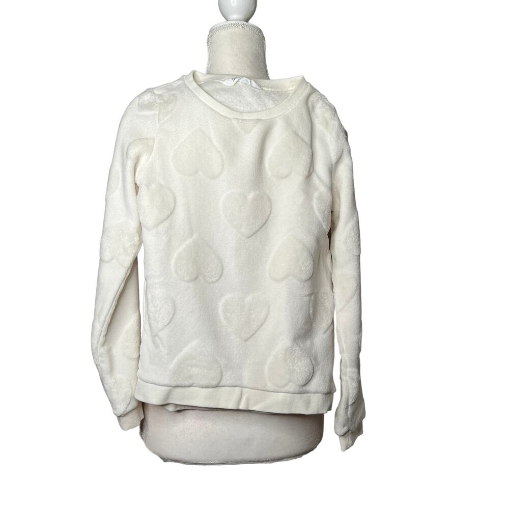 h&m girls kids heart print crew neck sweatshirt cream sz 8 10y